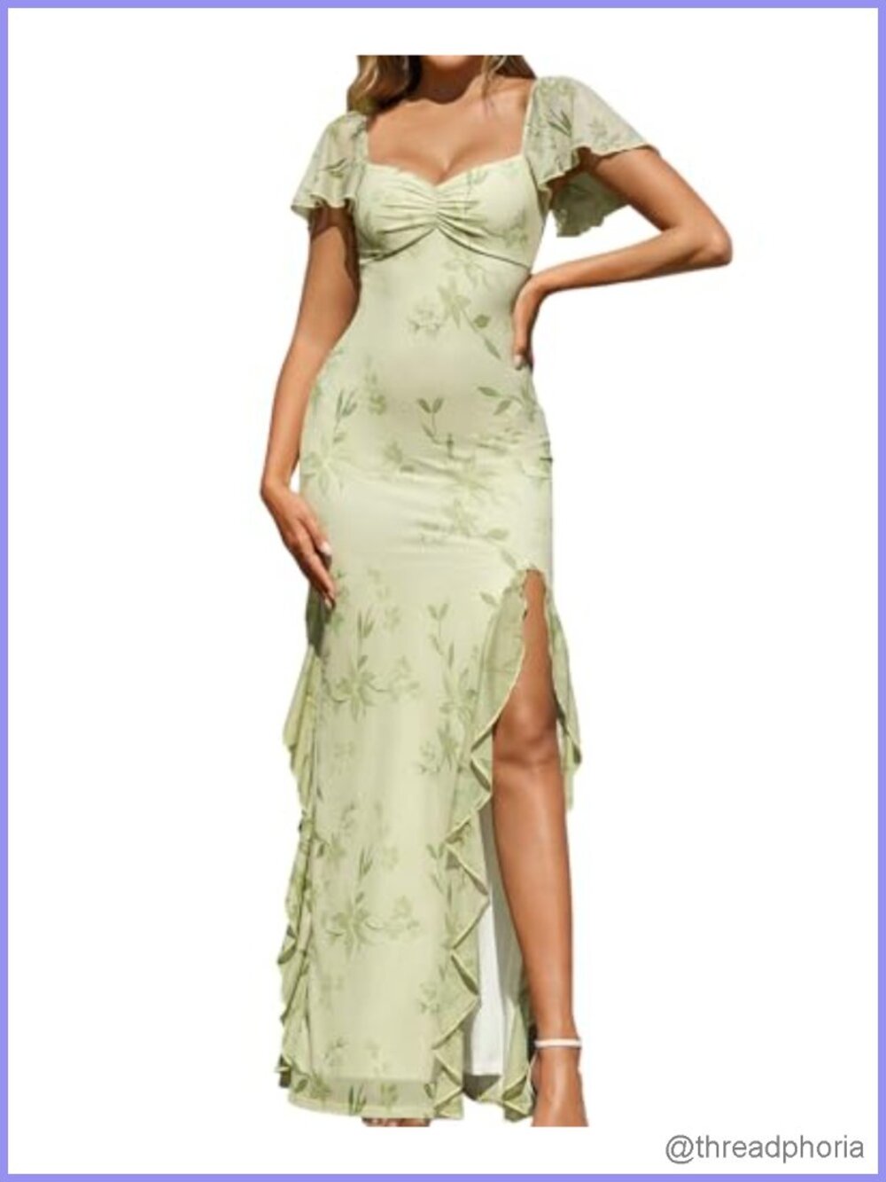Floral Ruffle Maxi Dress Sweetheart Neckline Bodycon High Slit